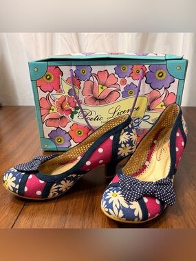 Poetic Licence London Floral Polka Dot Bow Pumps Heels Size 8 Retro Pinup